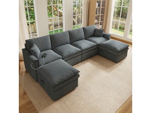 Canapé panoramique modulable 277 cm 6 places en ul avec 2 poufs coffres mobiles, assise à ressorts ensachés, usbtype-c, tissu coton-lin, gris