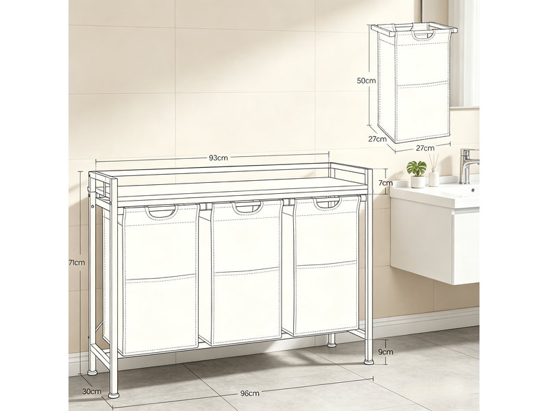  Meuble panier à linge 3 bacs amovibles métal et tissu oxford 96 x 30 x 71 cm  - Conforama C