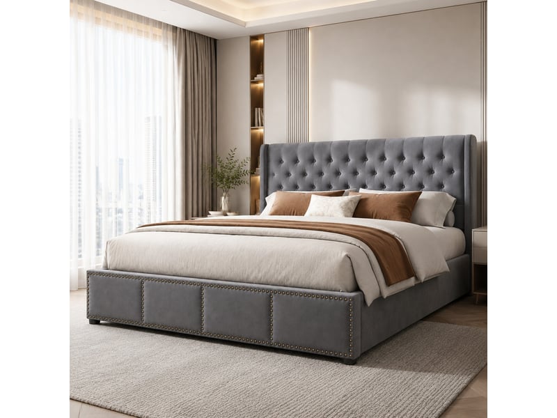  Lit coffre 140 x 190 cm en velours gris avec sommier inclus  - Conforama D