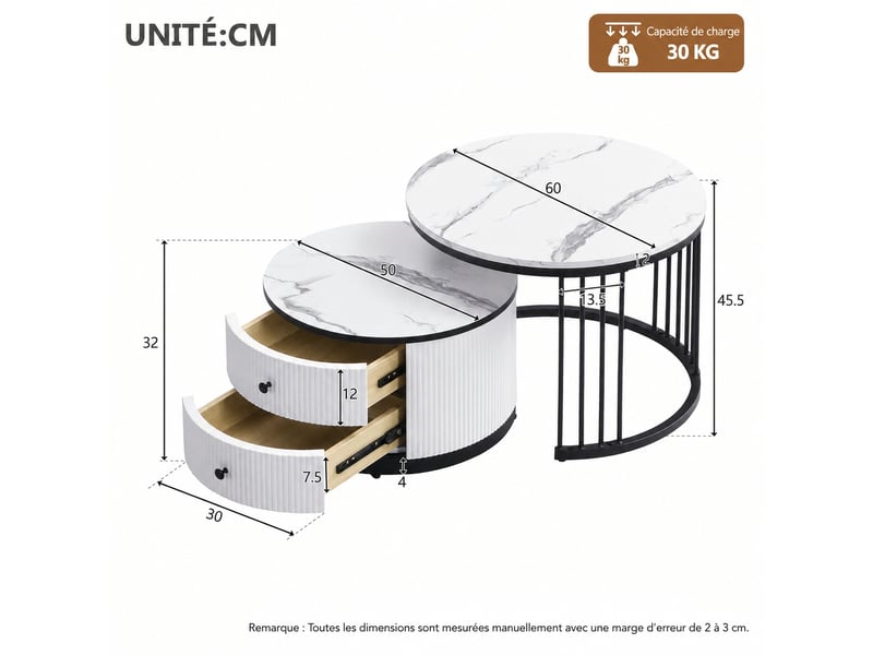  Ensemble de deux tables basses gigognes rondes, effet marbre brillant, 2 tiroirs, blanc et noir  - Conforama D