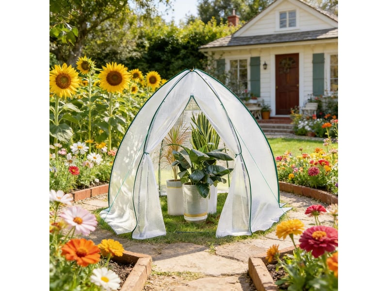 Serre de jardin conique 240 x 200 x 240 cm blanche en acier et pe, porte zippée et aération par moustiquaire - Conforama D