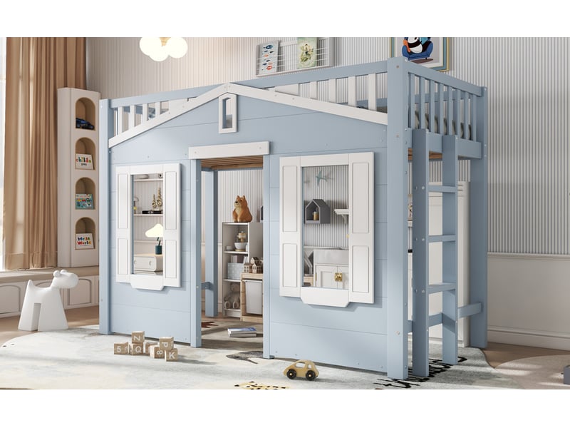  Lit mezzanine cabane avec échelle réversible - 90x200cm - fenêtres et espace libre sous le lit - avec sommier à lattes - bleu et blanc  - Conforama B
