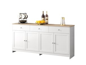 Buffet blanc et bois 160 cm bahut 4 portes 3 tiroirs meuble de rangement style campagne pour salon