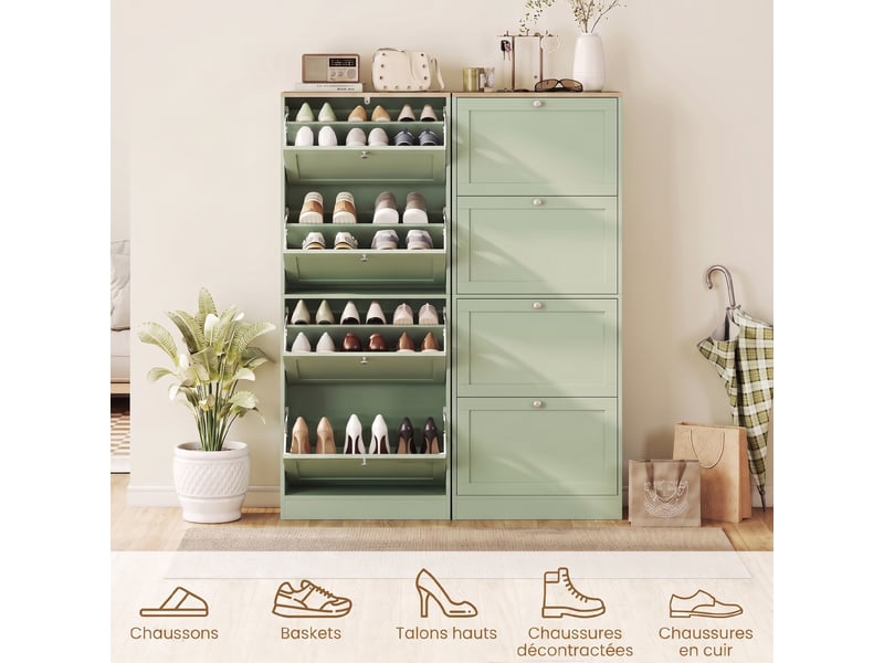  Meuble à chaussures 24 paires, armoire à chaussures avec 4 tiroirs rabattables, 60x23,5x153cm, étagères réglables, vert  - Conforama R