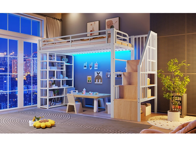  Lit mezzanine 90x200 cm, marches avec rangements et 2 tiroirs, led, en métal, blanc, sans matelas  - Conforama D