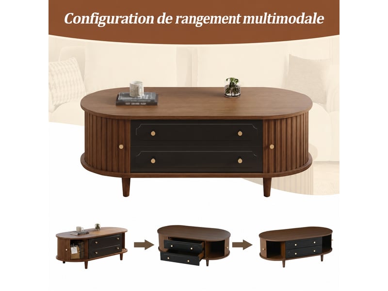  Table basse 2 portes coulissantes et 2 tiroirs décor bois rainuré noyer. L 100 x p 50 x h 36cm  - Conforama B