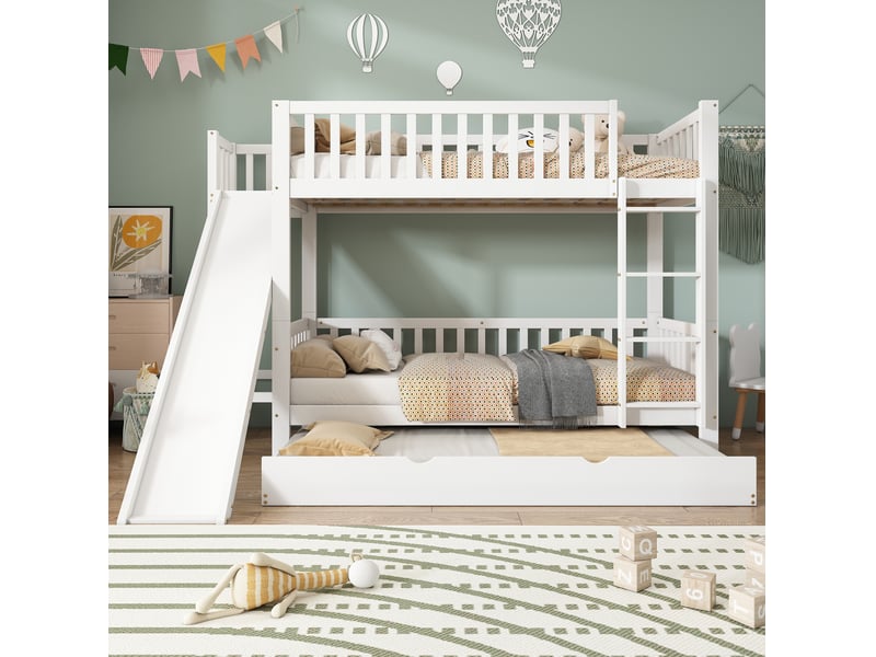  Lit superposé enfant avec lit gigogne, toboggan et échelle, blanc, 90 x 200190 cm  - Conforama B