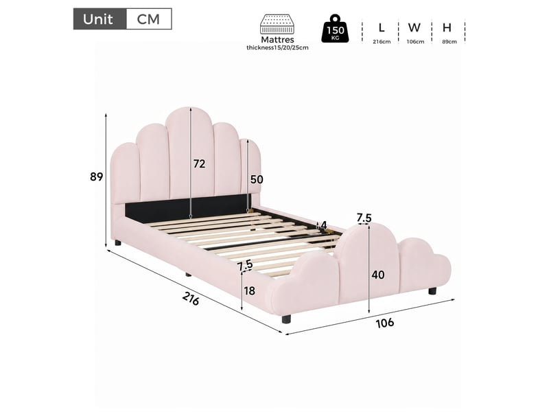 Lit enfant capitonné 90x200 cm, tête de lit rembourrée, coins arrondis, velours, rose - Conforama C