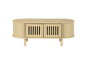 Table basse ovale bois clair 100 x 40 x 38 cm, 2 portes à rideau, pieds en bois massif