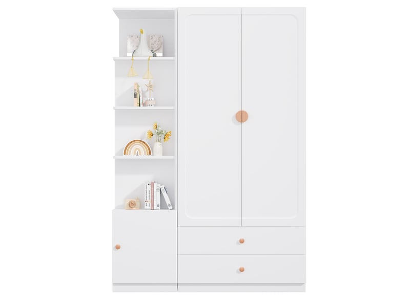  Armoire blanche 135 cm avec 2 tringles, 2 tiroirs et module latéral modulable pour votre rangement quotidien  - Conforama A