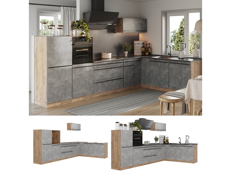  Vicco cuisine en angle, bétonchêne doré, 347 x cm sans plan de travail  - Conforama D