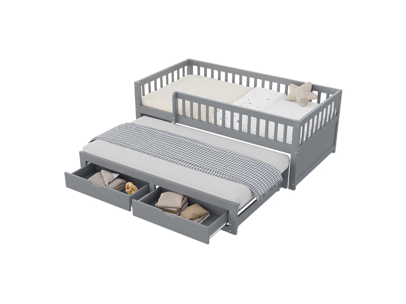  Couchage gigogne, 90x200 cm, avec barrières de sécurité, 2 tiroirs pratiques, matelas non inclus, bois, coloris gris  - Conforama A