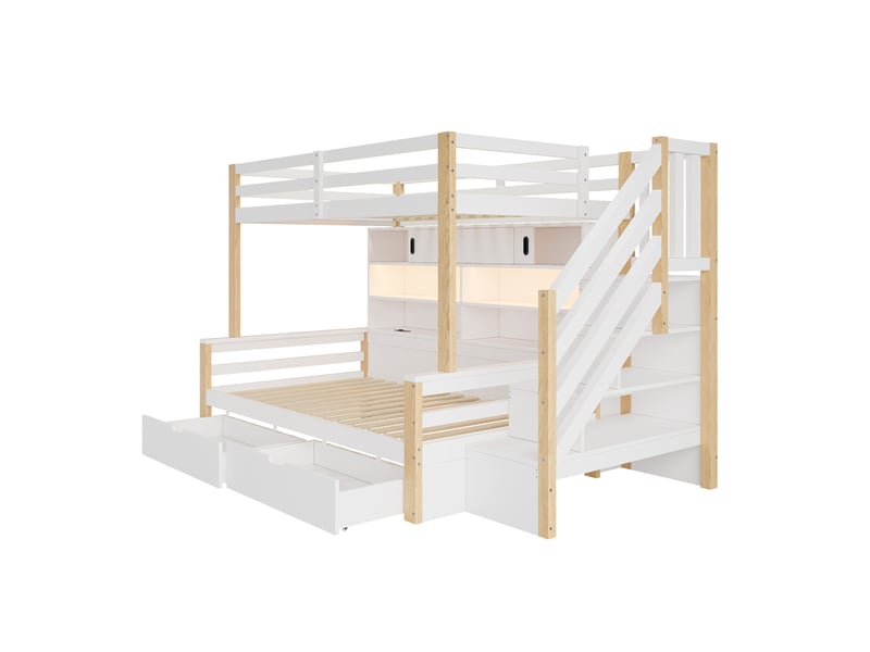  Lit superposé enfant 90x200 cm blanc et naturel en bois et mdf, escalier de rangement, led et prises usb  - Conforama D