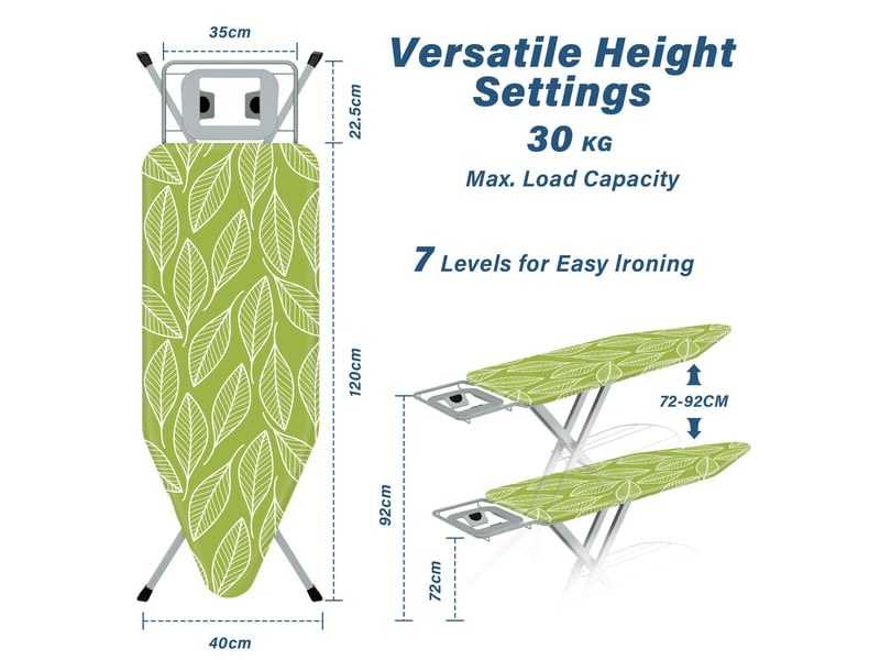  Table à repasser 120 x 45 cm,planche à repasser pliable,avec housse en 100% coton,support de fer intégré, pieds antidérapants(feuille verte)  - Conforama C
