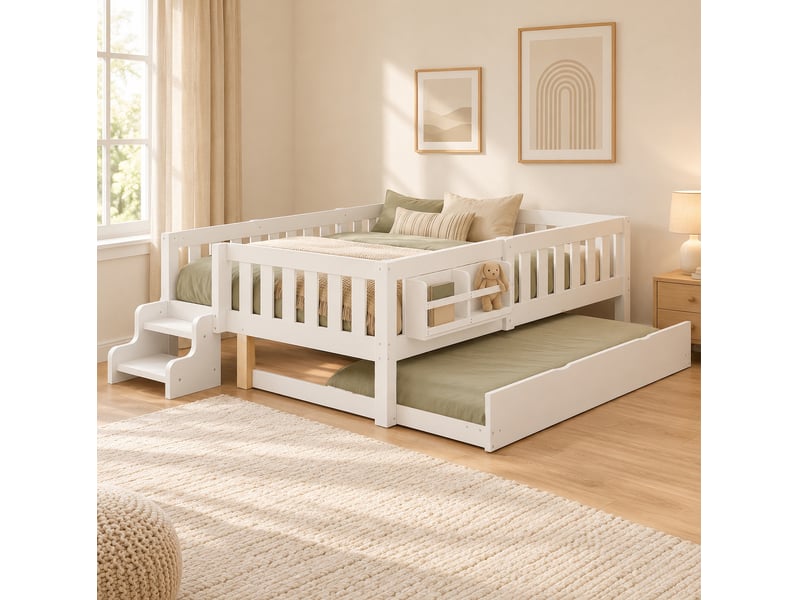 Lit enfant 140 × 200 cm avec lit gigogne, barrières de protection, escalier à deux marches et bibliothèque, blanc - Conforama D