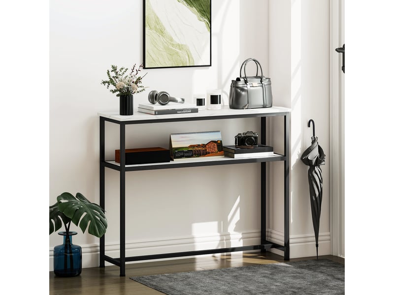  Console étroite avec plateau effet marbre, étagère ouverte et structure en métal 100 x 30 x 81 cm blanc  - Conforama C