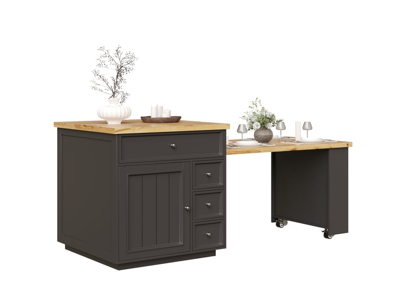 Îlot de cuisine extensible noir 120-184cm avec tiroirs roues et plateau effet bois pour cuisine salon  - Conforama D