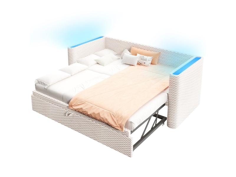 Lit enfant gigogne 90x200+90x190 cm, led couleurs via application, mécanisme manuel, velours beige sans matelas - Conforama A