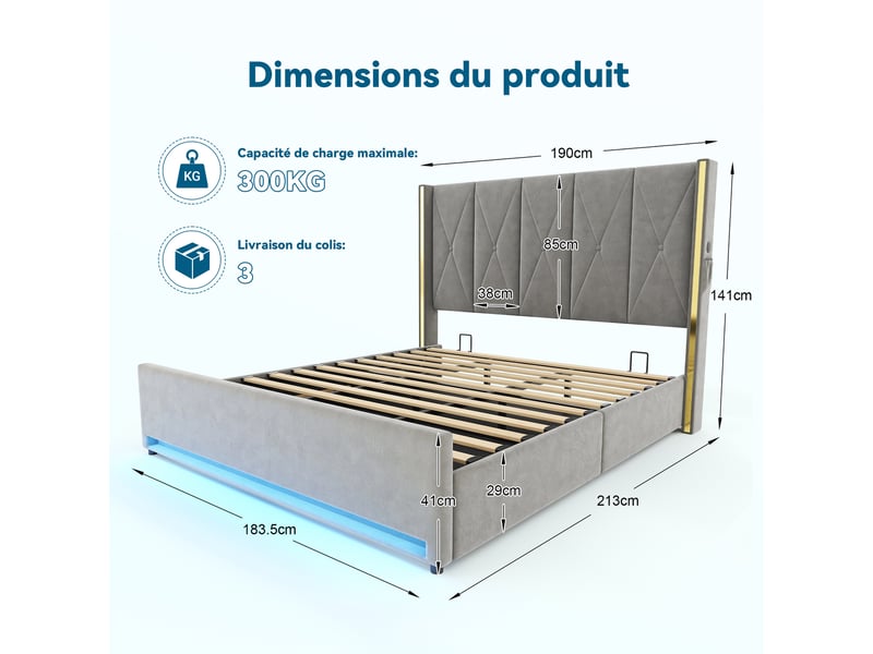  Lit coffre 180x200 en velours gris foncé, tête de lit haute capitonnée, ouverture hydraulique, usb, usb-c et led  - Conforama C