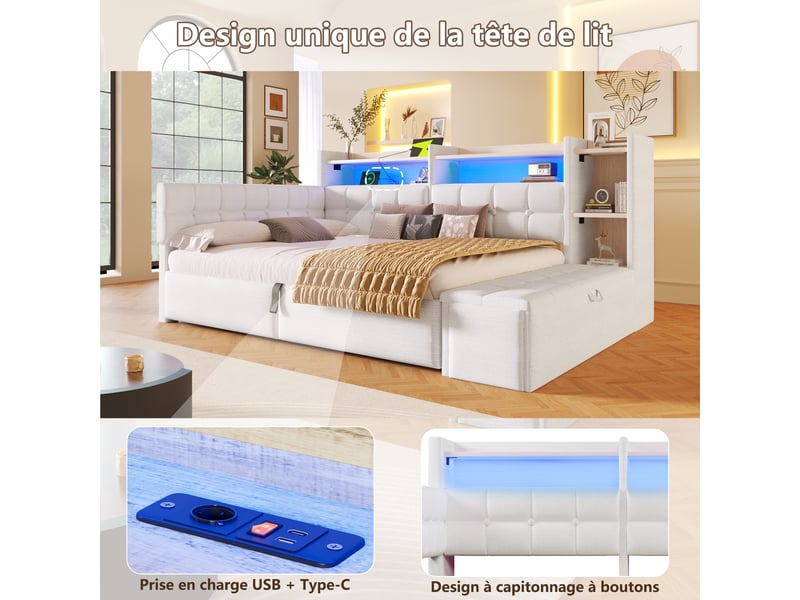 Lit coffre hydraulique 140x200 cm avec led multicolore, usb et usb-c et banc coffre, velours blanc, sans matelas - Conforama E