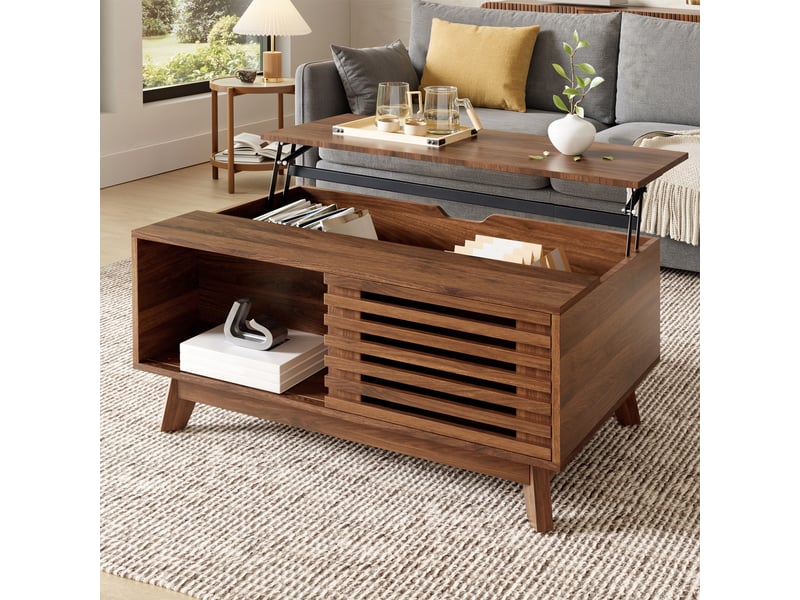 Table basse à plateau relevable, porte coulissante à persiennes, style rétro moderne, mdf aspect noyer, 90x55cm - Conforama W