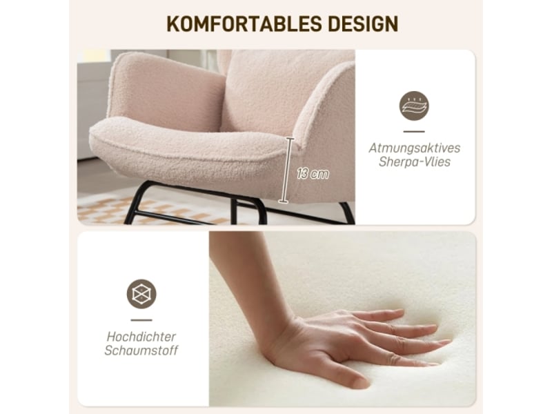  Fauteuil à bascule beige avec repose-pieds, tissu polaire doux, coussin et dossier haut  - Conforama E