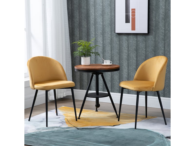 Lot de 2 chaises salle à manger chaise de cuisine scandinave chaise en velours rembourrée avec pieds effilés en métal, pour salon, jaune, salle à manger  - Conforama D