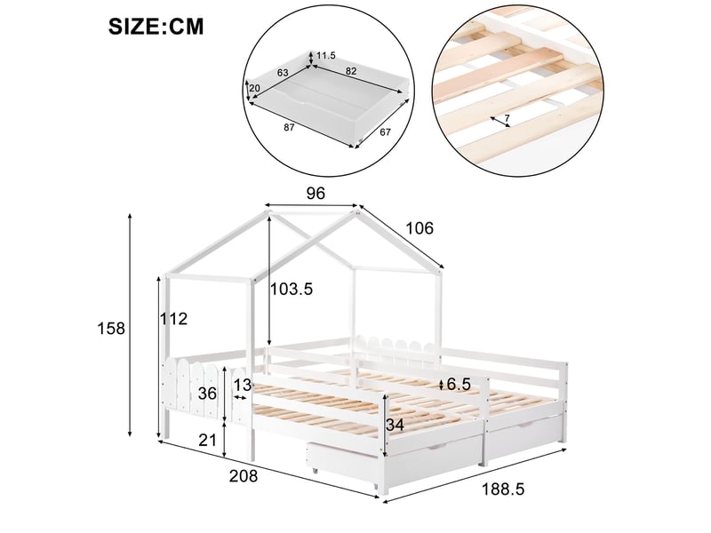  Lit maison double enfant 200x90cm en bois massif blanc avec 2 tiroirs mdf à roulettes et lattes  - Conforama B
