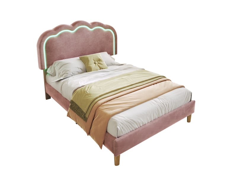 Lit simple 90x190 cm - lit rembourré avec tête de lit led - velours - rose - Conforama A