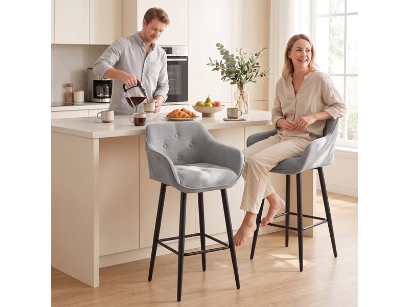  Lot de 2 tabourets de bar, chaises de bar rembourrées en chenille, assise large 67h cm, dossier et repose-pieds, gris  - Conforama D