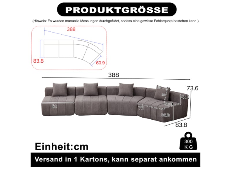 Canapé modulable en chenille courbé avec 2 coussins - demi-cercle symétrique, idéal chambre, salon, bureau - Conforama C