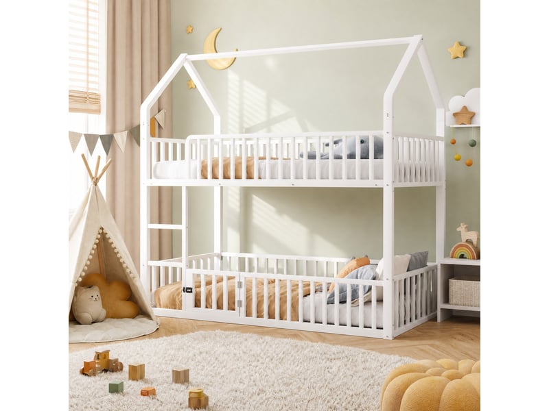  Lit superposé 90x200 cm en métal avec forme de maison coloris blanc  - Conforama B