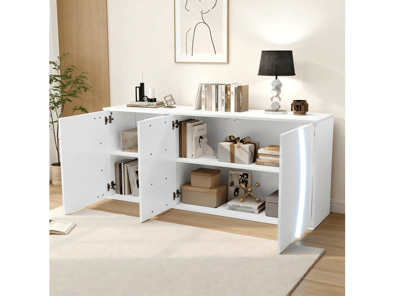  Buffet avec led, 3 portes et étagères réglables, meuble tv pour salon en panneaux de particules blanc, 150x40x70 cm  - Conforama D