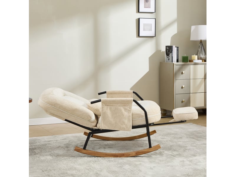  Fauteuil à bascule modenvie inclinable avec repose-pieds et poches latérales en fausse fourrure beige 80 x 87 x 95 cm  - Conforama E