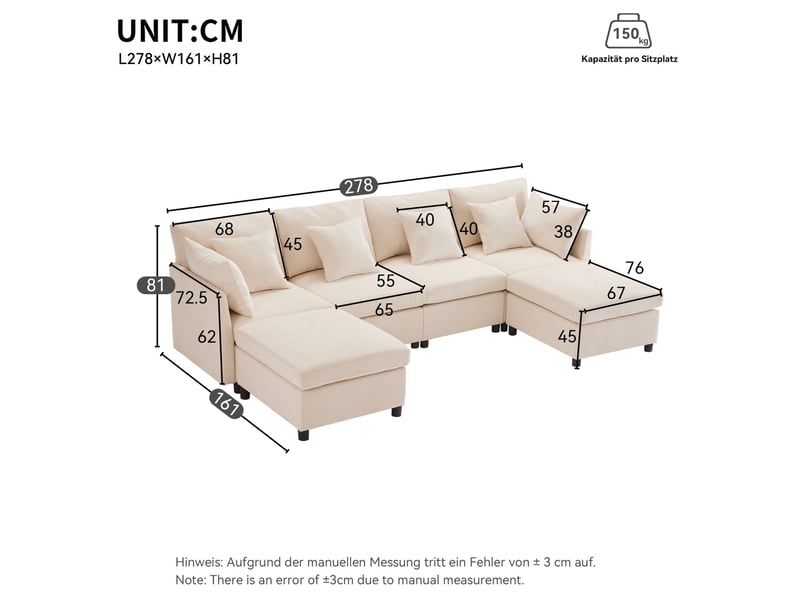  Canapé modulable ulevr 6 places convertible en u ou l, 278 x 161 cm, tissu chenille beige, 2 poufs et 6 coussins  - Conforama C