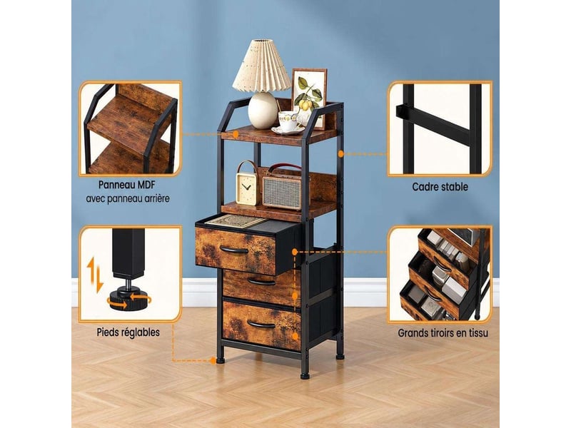  Table de chevet 40x30x75 cm trois tiroirs tissu etagere ouverte marron rustique noir  - Conforama C