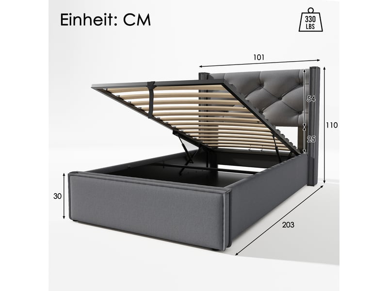  Lit rembourré 90x200cm avec rangement hydraulique, coton gris, matelas inclus, sommier à lattes, confortable  - Conforama B