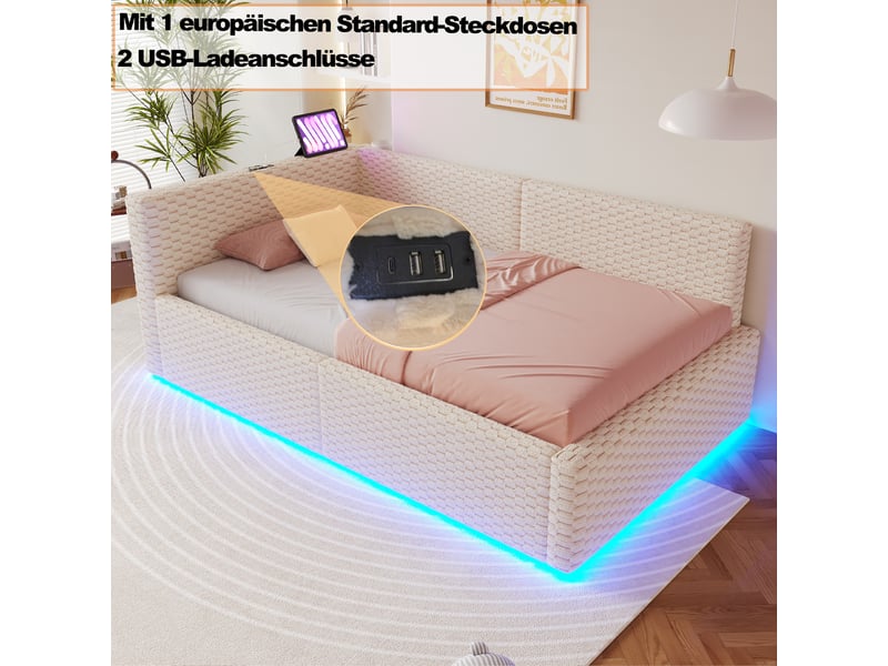  Lit rembourré 90 x 200 cm, coloris beige, éclairage led, prises usb et type-c, sans matelas.  - Conforama D