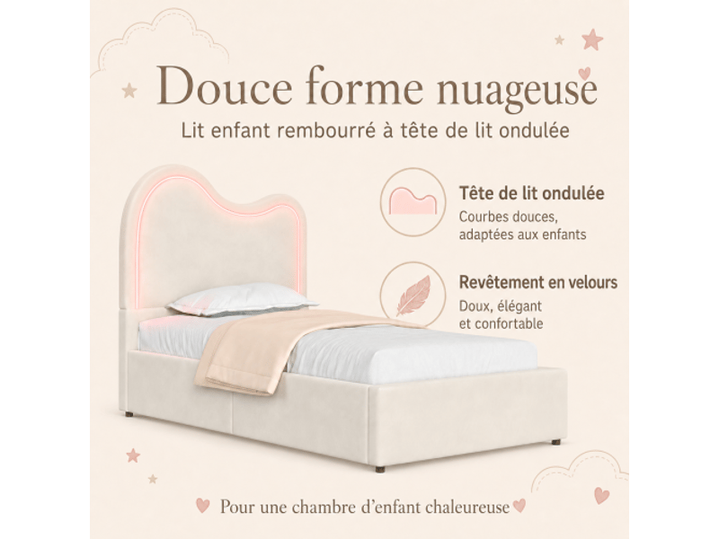  Lit simple capitonné beige 90x200 cm – rangement et coffre avec vérin hydraulique, tête rembourrée en velours  - Conforama D