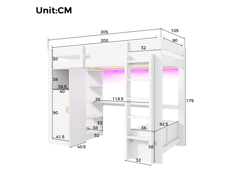  Lit mezzanine 90x200 avec armoire étagères bureau sous le lit éclairage led usb blanc  - Conforama C
