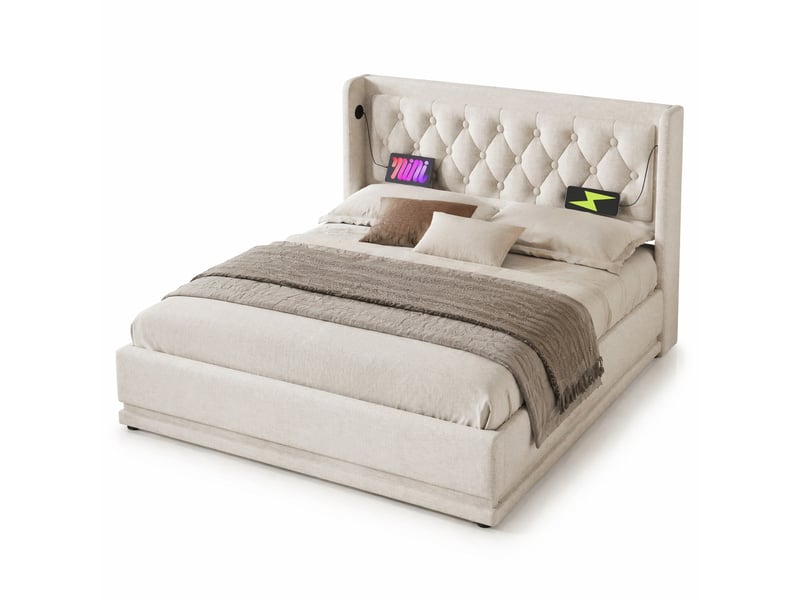  Lit coffre hydraulique rembourré 180x200 cm beige, led 3 côtés et usb-c  - Conforama A