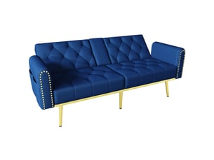 Canapé convertible 2 places dossier réglable 3 positions - porte-gobelet, velours bleu, 175 × 80 × 73,5 cm