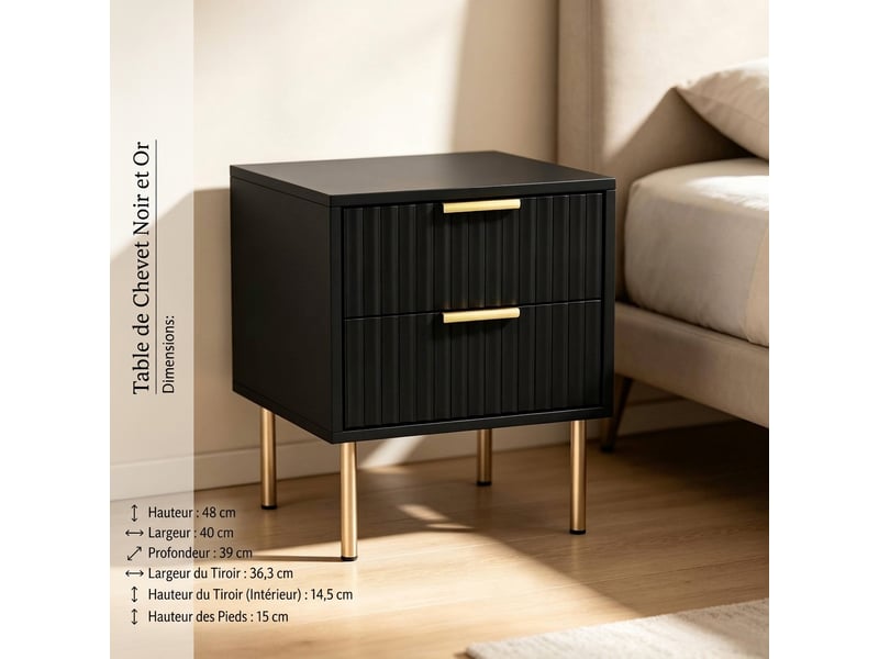  Table de chevet noire avec 2 tiroirs, façade cannelée et pieds en acier, 40x39x48 cm  - Conforama C