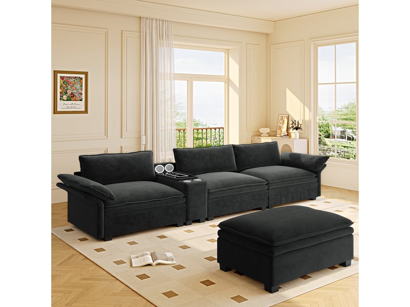 Canapé modulable 4 places canapé d'angle chenille noir avec pouf mobile et chargeur sans fil intégré - Conforama W