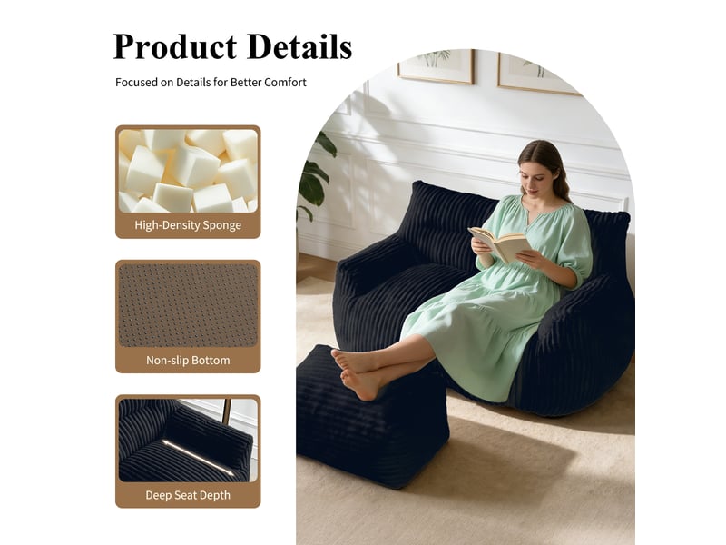  Fauteuil poire double,135x100x75 cm,avec repose-pieds,fausse fourrure,noire  - Conforama E
