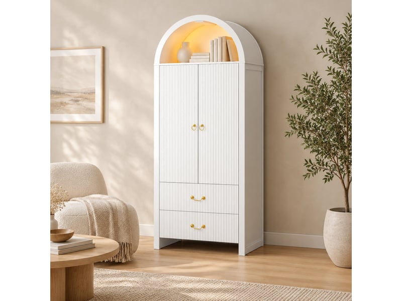  Buffet haut ulevr avec rangement, niche arquée led contrôlée par application, 76 x 38 x 180 cm, mdf et panneaux de particules, blanc  - Conforama B