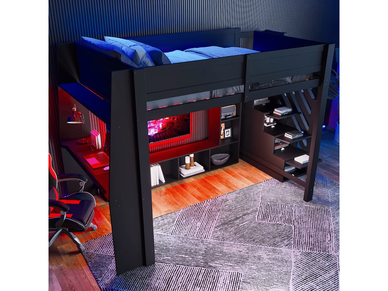  Lit mezzanine 140x200 avec bureau et escalier de rangement, éclairage led, bois, noir  - Conforama D