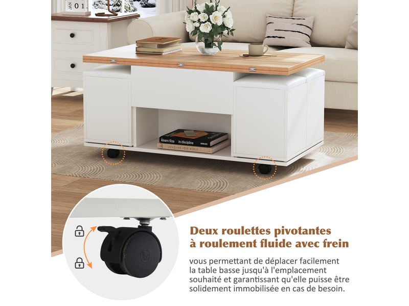  Table basse relevable multifonction blanche et bois, transformable en table à manger avec 4 poufs et rangement, 100x100x63.5cm  - Conforama R
