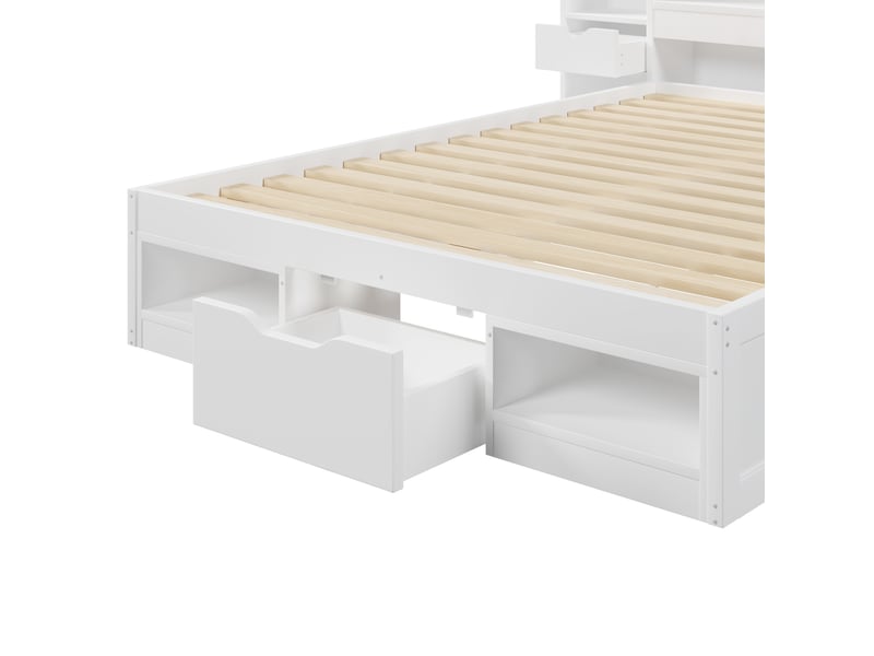 Lit double 140x200 cm - tête de lit avec rangement - 3 tiroirs et compartiments de rangement - led et port usb - blanc (sans matelas) - Conforama W