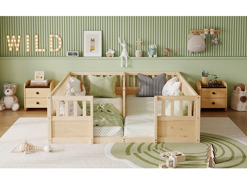  Lit enfant double, 2 x 90 x 200 cm,avec barrières,pin,naturel  - Conforama B